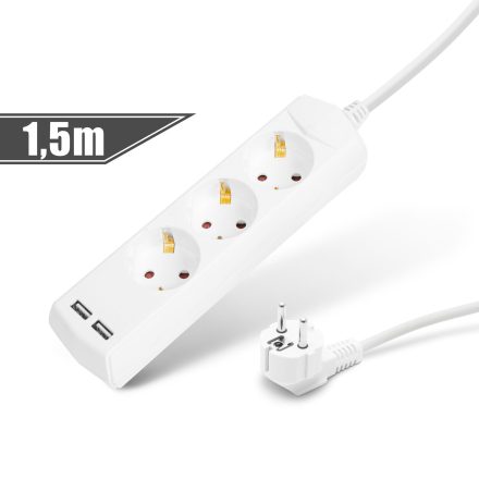 Elosztó 3-as - 3 x 1,5 mm - 1,5 m - 2 x USB-vel - kapcsolós Elosztó 3-as - 3 x 1,5 mm - 1,5 m - 2 x USB-vel - kapcsolós