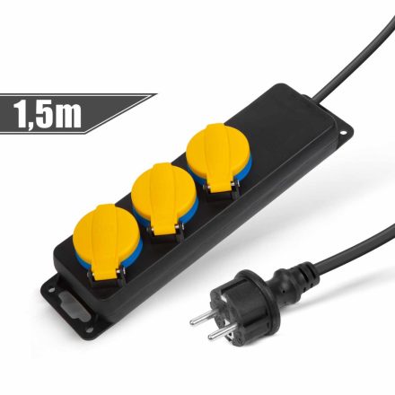 Kültéri elosztó fedéllel - 1,5 m - 3 x 230V - 3 x 1,5 mm2, gumi - IP44 Kültéri elosztó fedéllel - 1,5 m - 3 x 230V - 3 x 1,5 mm2, gumi - IP44