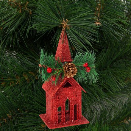 Karácsonyi glitteres templom akasztóval - 16 x 6,5 cm - piros Karácsonyi glitteres templom akasztóval - 16 x 6,5 cm - piros