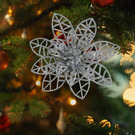 Karácsonyi dísz - csipeszes - glitteres virág - ezüst - 3 db / csomag Karácsonyi dísz - csipeszes - glitteres virág - ezüst - 3 db / csomag