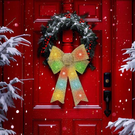 LED-es masni dekoráció - fényes - arany - 11 színes LED - 40 x 30 cm LED-es masni dekoráció - fényes - arany - 11 színes LED - 40 x 30 cm