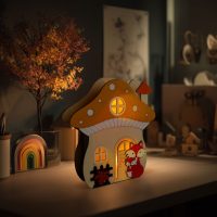   Világító dekoráció - gomba ház rókával - 15 x 16 x 5 cm - fából