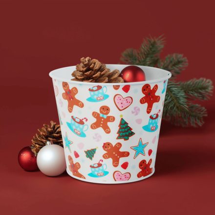 Karácsonyi dekoráció - fém kaspó, vödör - mézeskalács - 13 x 11 cm