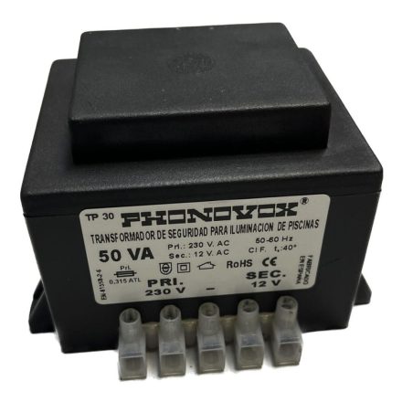 Safety transformer for swimming pool lighting PHONOVOX tp31050 50 VA 12 V 230 V 50-60 Hz 9,8 x 7,9 x 6,4 cm MOST 28710 HELYETT 20024 Ft-ért!