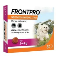   Tabletták FRONTPRO 612469 15 g 3 x 11,3 mg Legfeljebb 2-4 kg-os kutyák számára alkalmas MOST 33567 HELYETT 22877 Ft-ért!